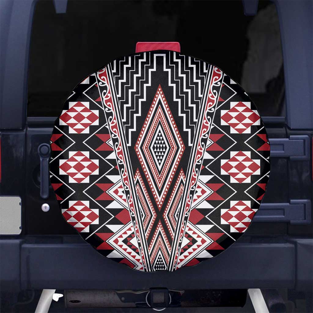 Red Aotearoa Tukutuku and Poutama Motif Spare Tire Cover LT03 No hole Red - Polynesian Pride