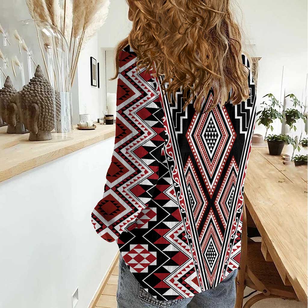 Red Aotearoa Tukutuku and Poutama Motif Women Casual Shirt