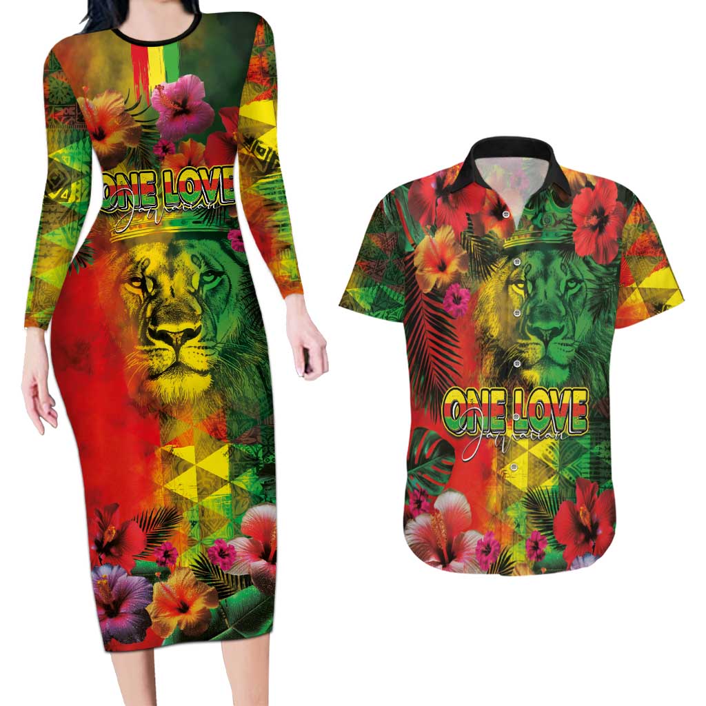 Hawaiian Reggae Couples Matching Long Sleeve Bodycon Dress and Hawaiian Shirt Tropical Plants and Tribal Kakau Tattoo-One Love Jawaiian LT03 Reggae - Polynesian Pride