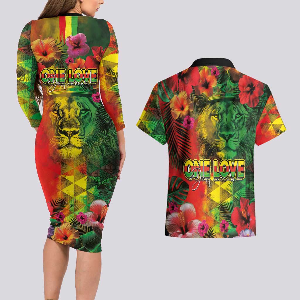 Hawaiian Reggae Couples Matching Long Sleeve Bodycon Dress and Hawaiian Shirt Tropical Plants and Tribal Kakau Tattoo-One Love Jawaiian LT03 - Polynesian Pride