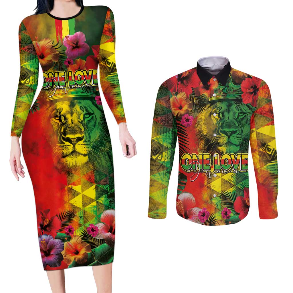 Hawaiian Reggae Couples Matching Long Sleeve Bodycon Dress and Long Sleeve Button Shirt Tropical Plants and Tribal Kakau Tattoo-One Love Jawaiian LT03 Reggae - Polynesian Pride