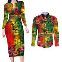 Hawaiian Reggae Couples Matching Long Sleeve Bodycon Dress and Long Sleeve Button Shirt Tropical Plants and Tribal Kakau Tattoo-One Love Jawaiian LT03 Reggae - Polynesian Pride