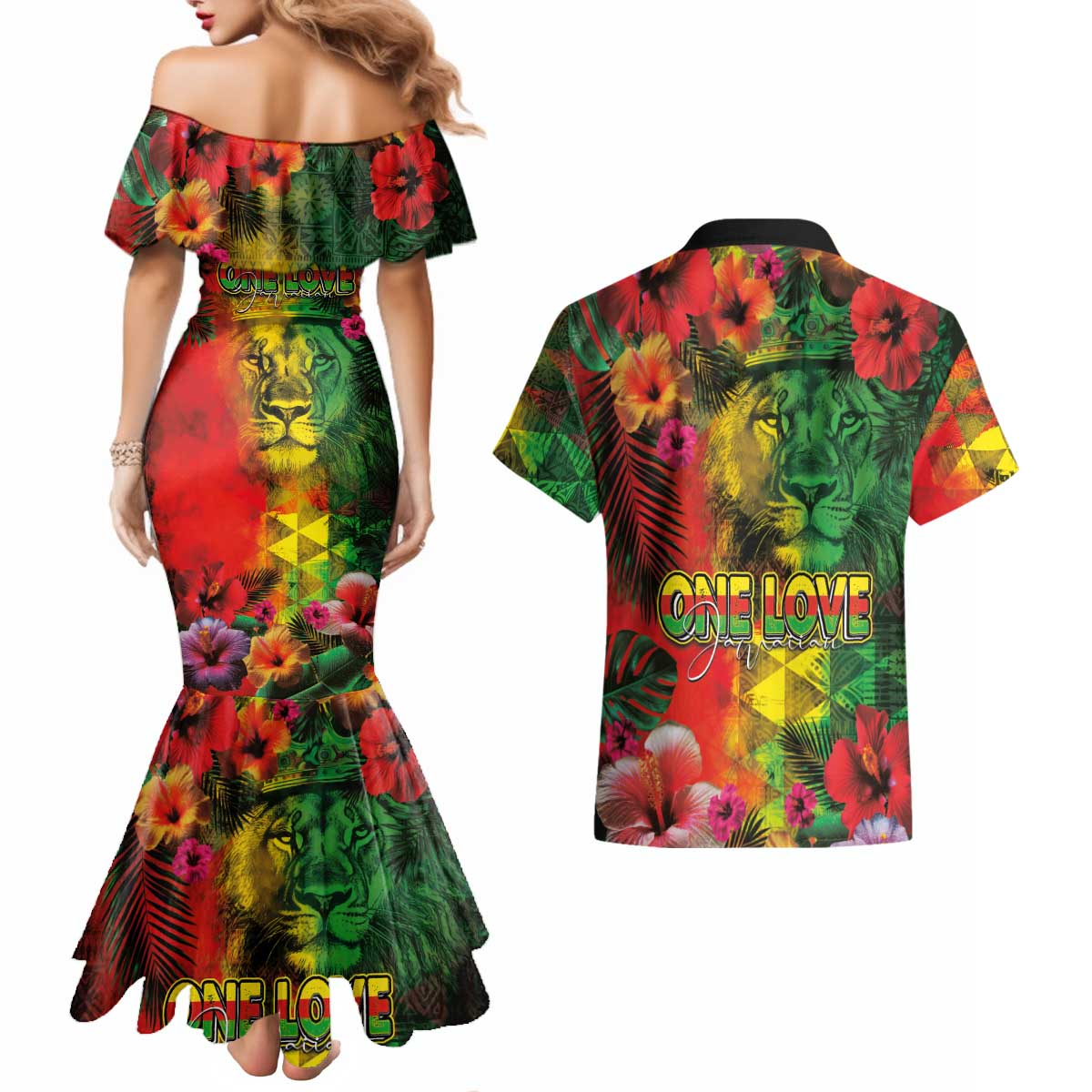 Hawaiian Reggae Couples Matching Mermaid Dress and Hawaiian Shirt Tropical Plants and Tribal Kakau Tattoo-One Love Jawaiian LT03 - Polynesian Pride