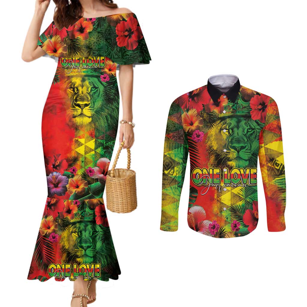 Hawaiian Reggae Couples Matching Mermaid Dress and Long Sleeve Button Shirt Tropical Plants and Tribal Kakau Tattoo-One Love Jawaiian LT03 Reggae - Polynesian Pride