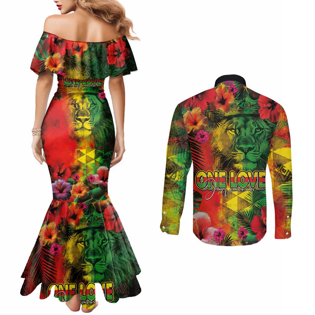 Hawaiian Reggae Couples Matching Mermaid Dress and Long Sleeve Button Shirt Tropical Plants and Tribal Kakau Tattoo-One Love Jawaiian LT03 - Polynesian Pride