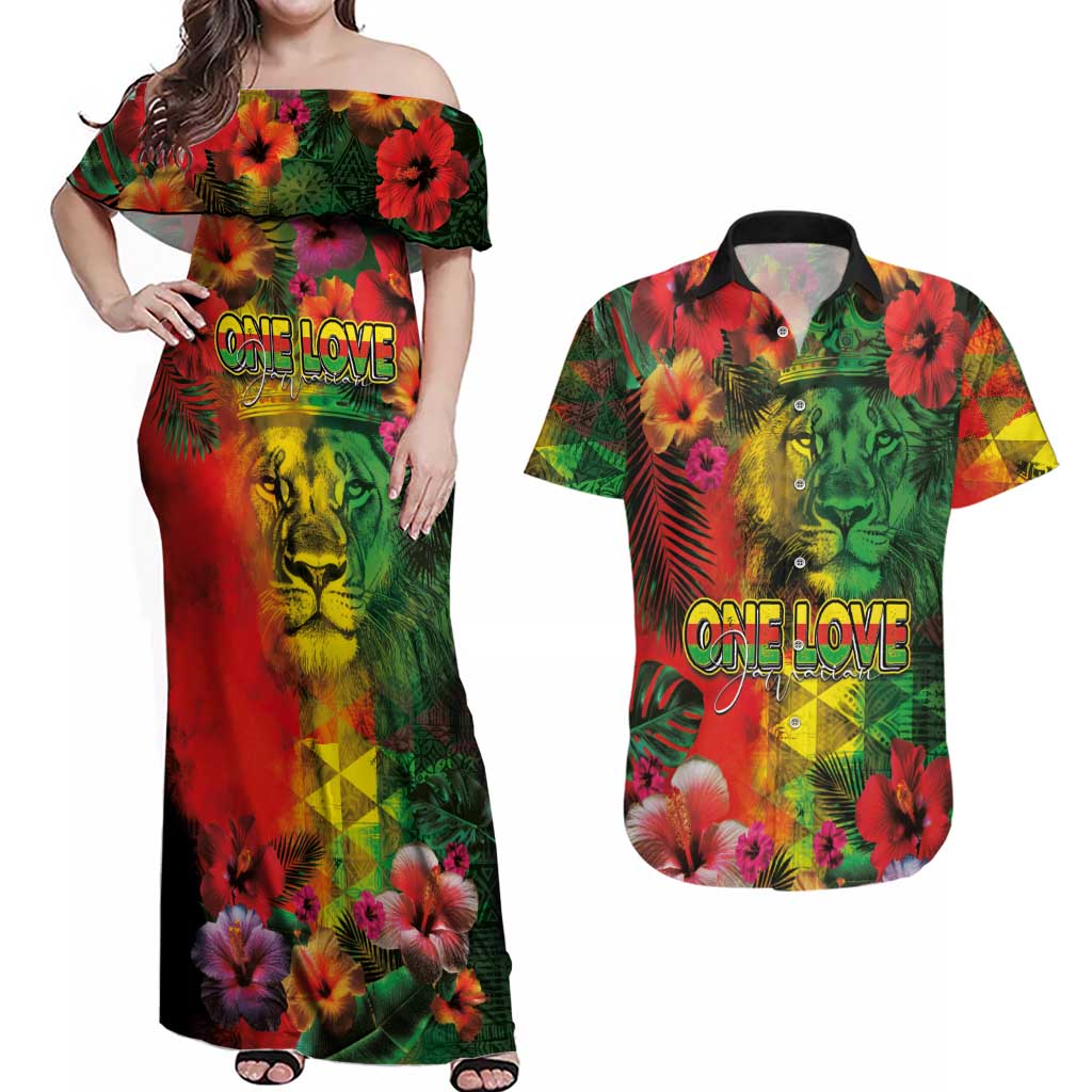 Hawaiian Reggae Couples Matching Off Shoulder Maxi Dress and Hawaiian Shirt Tropical Plants and Tribal Kakau Tattoo-One Love Jawaiian LT03 Reggae - Polynesian Pride