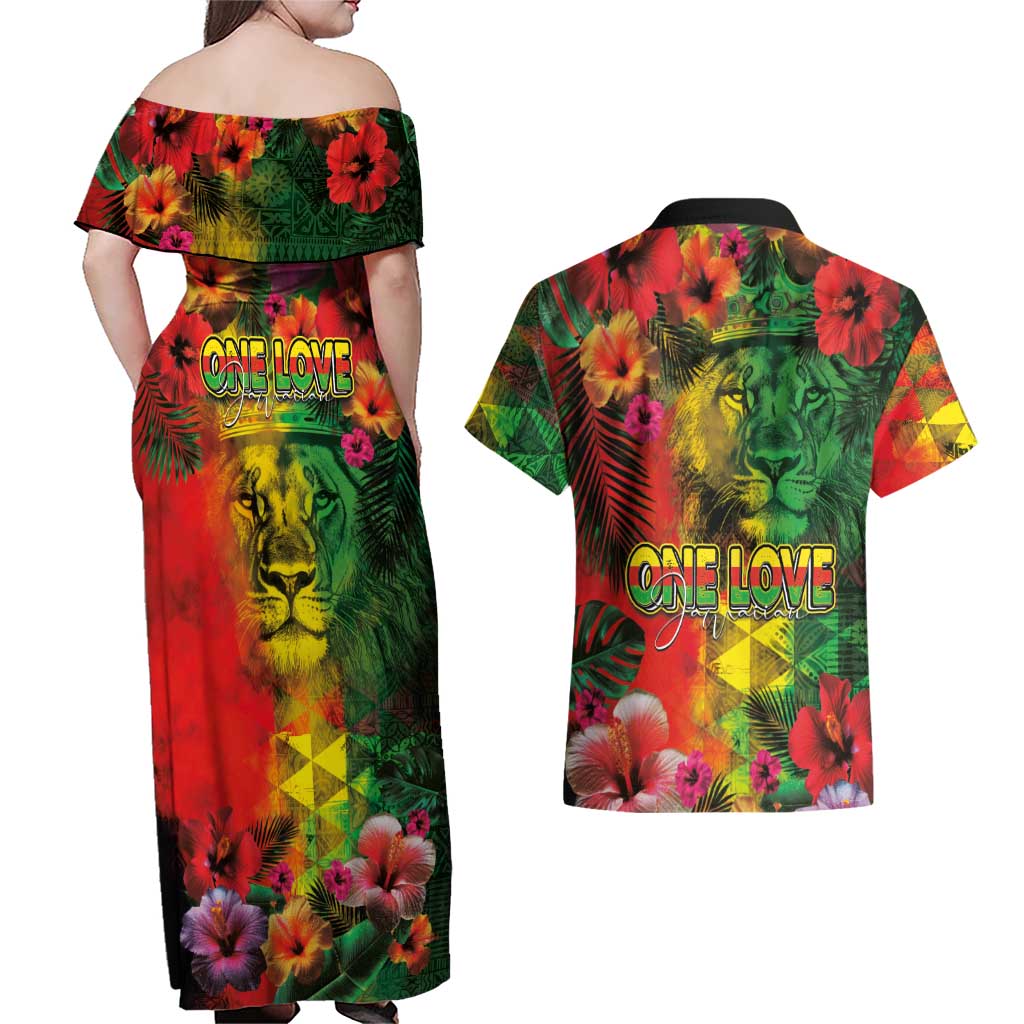Hawaiian Reggae Couples Matching Off Shoulder Maxi Dress and Hawaiian Shirt Tropical Plants and Tribal Kakau Tattoo-One Love Jawaiian LT03 - Polynesian Pride