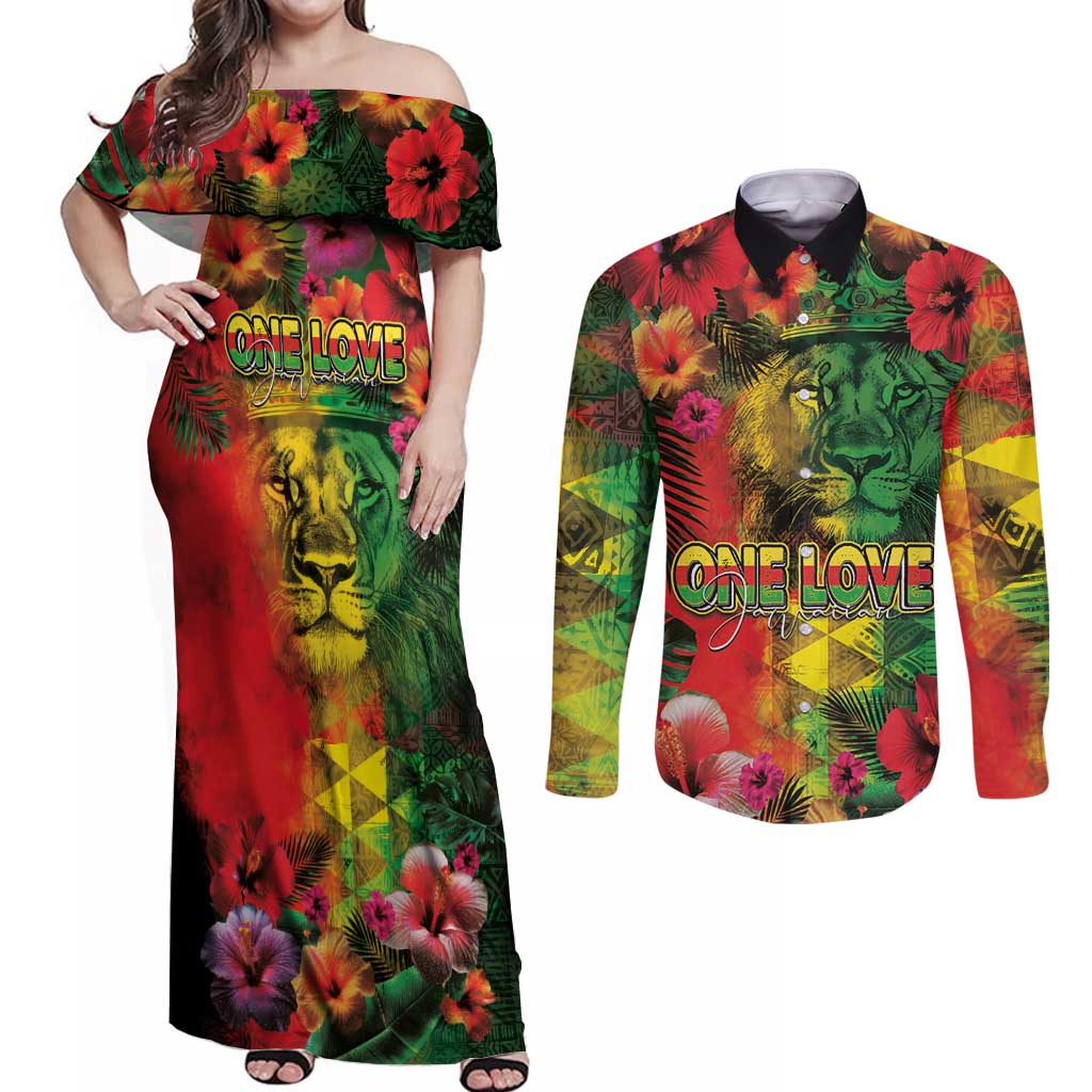 Hawaiian Reggae Couples Matching Off Shoulder Maxi Dress and Long Sleeve Button Shirt Tropical Plants and Tribal Kakau Tattoo-One Love Jawaiian LT03 Reggae - Polynesian Pride