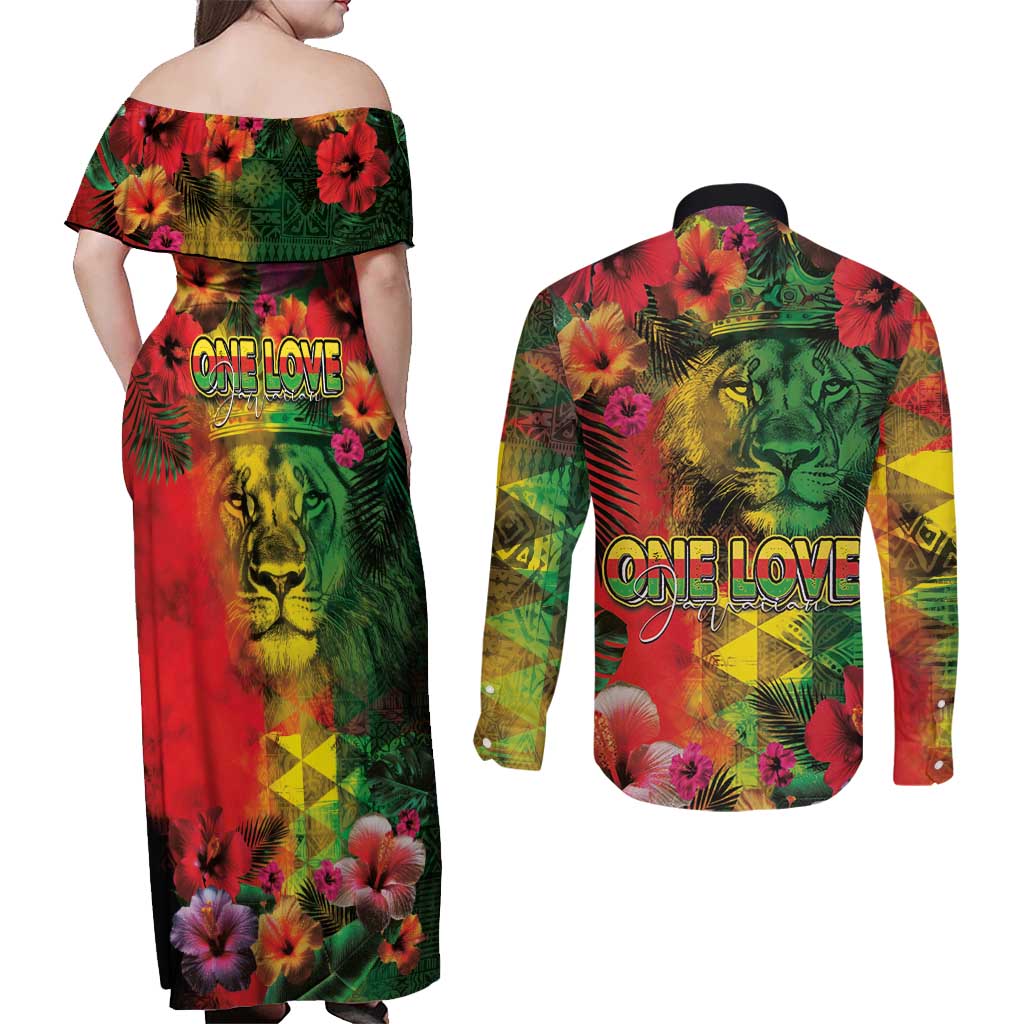 Hawaiian Reggae Couples Matching Off Shoulder Maxi Dress and Long Sleeve Button Shirt Tropical Plants and Tribal Kakau Tattoo-One Love Jawaiian LT03 - Polynesian Pride