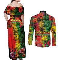 Hawaiian Reggae Couples Matching Off Shoulder Maxi Dress and Long Sleeve Button Shirt Tropical Plants and Tribal Kakau Tattoo-One Love Jawaiian LT03 - Polynesian Pride
