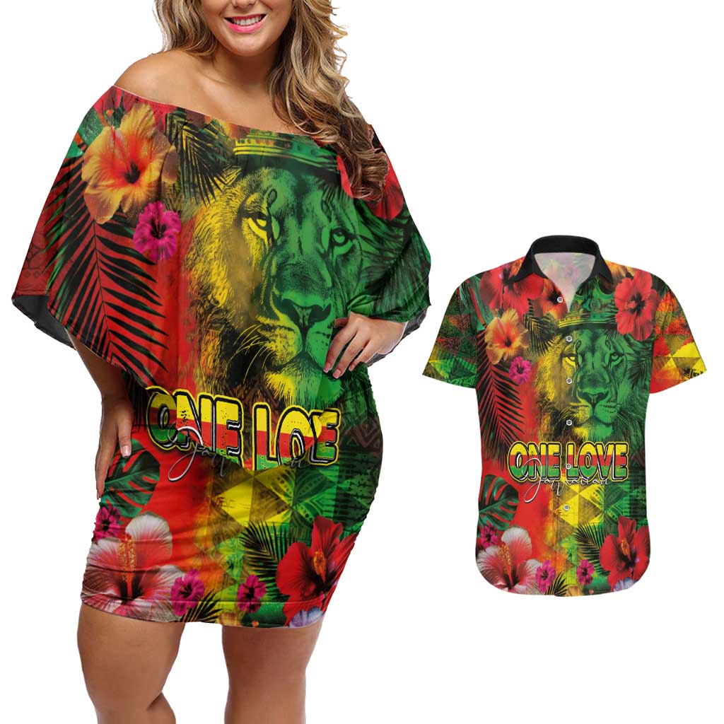Hawaiian Reggae Couples Matching Off Shoulder Short Dress and Hawaiian Shirt Tropical Plants and Tribal Kakau Tattoo-One Love Jawaiian LT03 Reggae - Polynesian Pride