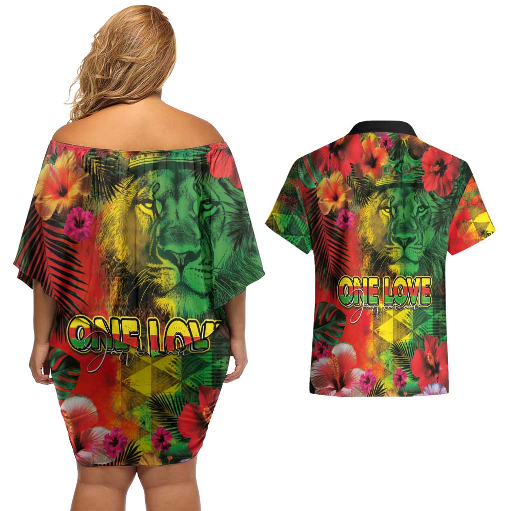 Hawaiian Reggae Couples Matching Off Shoulder Short Dress and Hawaiian Shirt Tropical Plants and Tribal Kakau Tattoo-One Love Jawaiian LT03 - Polynesian Pride