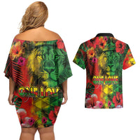 Hawaiian Reggae Couples Matching Off Shoulder Short Dress and Hawaiian Shirt Tropical Plants and Tribal Kakau Tattoo-One Love Jawaiian LT03 - Polynesian Pride