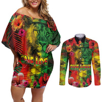 Hawaiian Reggae Couples Matching Off Shoulder Short Dress and Long Sleeve Button Shirt Tropical Plants and Tribal Kakau Tattoo-One Love Jawaiian LT03 Reggae - Polynesian Pride