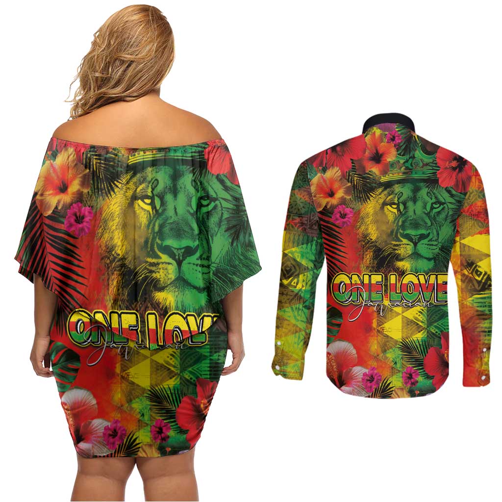 Hawaiian Reggae Couples Matching Off Shoulder Short Dress and Long Sleeve Button Shirt Tropical Plants and Tribal Kakau Tattoo-One Love Jawaiian LT03 - Polynesian Pride
