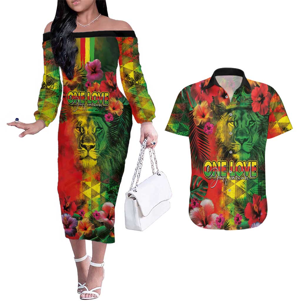Hawaiian Reggae Couples Matching Off The Shoulder Long Sleeve Dress and Hawaiian Shirt Tropical Plants and Tribal Kakau Tattoo-One Love Jawaiian LT03 Reggae - Polynesian Pride