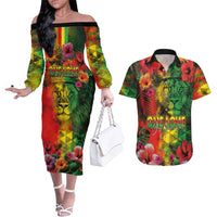 Hawaiian Reggae Couples Matching Off The Shoulder Long Sleeve Dress and Hawaiian Shirt Tropical Plants and Tribal Kakau Tattoo-One Love Jawaiian LT03 Reggae - Polynesian Pride
