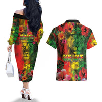 Hawaiian Reggae Couples Matching Off The Shoulder Long Sleeve Dress and Hawaiian Shirt Tropical Plants and Tribal Kakau Tattoo-One Love Jawaiian LT03 - Polynesian Pride
