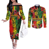 Hawaiian Reggae Couples Matching Off The Shoulder Long Sleeve Dress and Long Sleeve Button Shirt Tropical Plants and Tribal Kakau Tattoo-One Love Jawaiian LT03 Reggae - Polynesian Pride