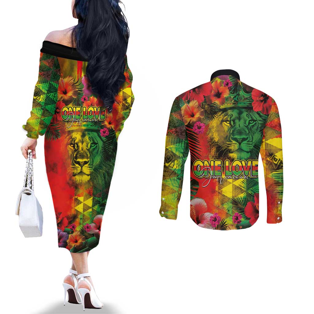 Hawaiian Reggae Couples Matching Off The Shoulder Long Sleeve Dress and Long Sleeve Button Shirt Tropical Plants and Tribal Kakau Tattoo-One Love Jawaiian LT03 - Polynesian Pride