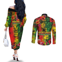 Hawaiian Reggae Couples Matching Off The Shoulder Long Sleeve Dress and Long Sleeve Button Shirt Tropical Plants and Tribal Kakau Tattoo-One Love Jawaiian LT03 - Polynesian Pride