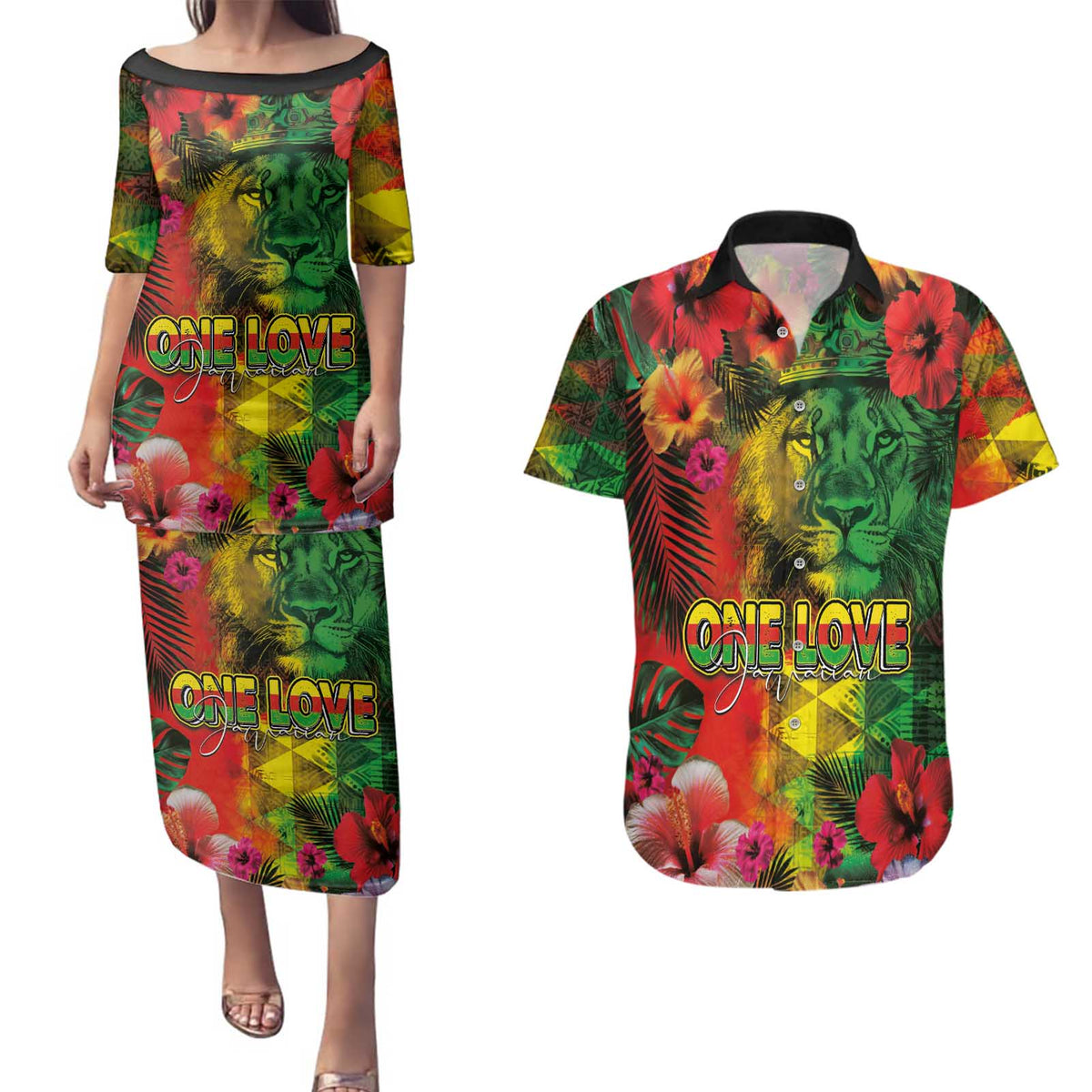 Hawaiian Reggae Couples Matching Puletasi and Hawaiian Shirt Tropical Plants and Tribal Kakau Tattoo-One Love Jawaiian LT03 Reggae - Polynesian Pride