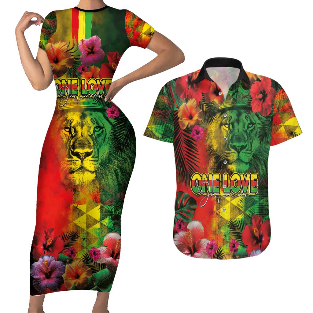 Hawaiian Reggae Couples Matching Short Sleeve Bodycon Dress and Hawaiian Shirt Tropical Plants and Tribal Kakau Tattoo-One Love Jawaiian LT03 Reggae - Polynesian Pride