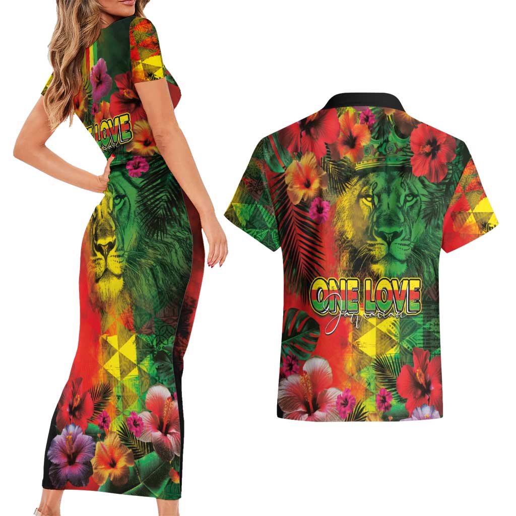 Hawaiian Reggae Couples Matching Short Sleeve Bodycon Dress and Hawaiian Shirt Tropical Plants and Tribal Kakau Tattoo-One Love Jawaiian LT03 - Polynesian Pride
