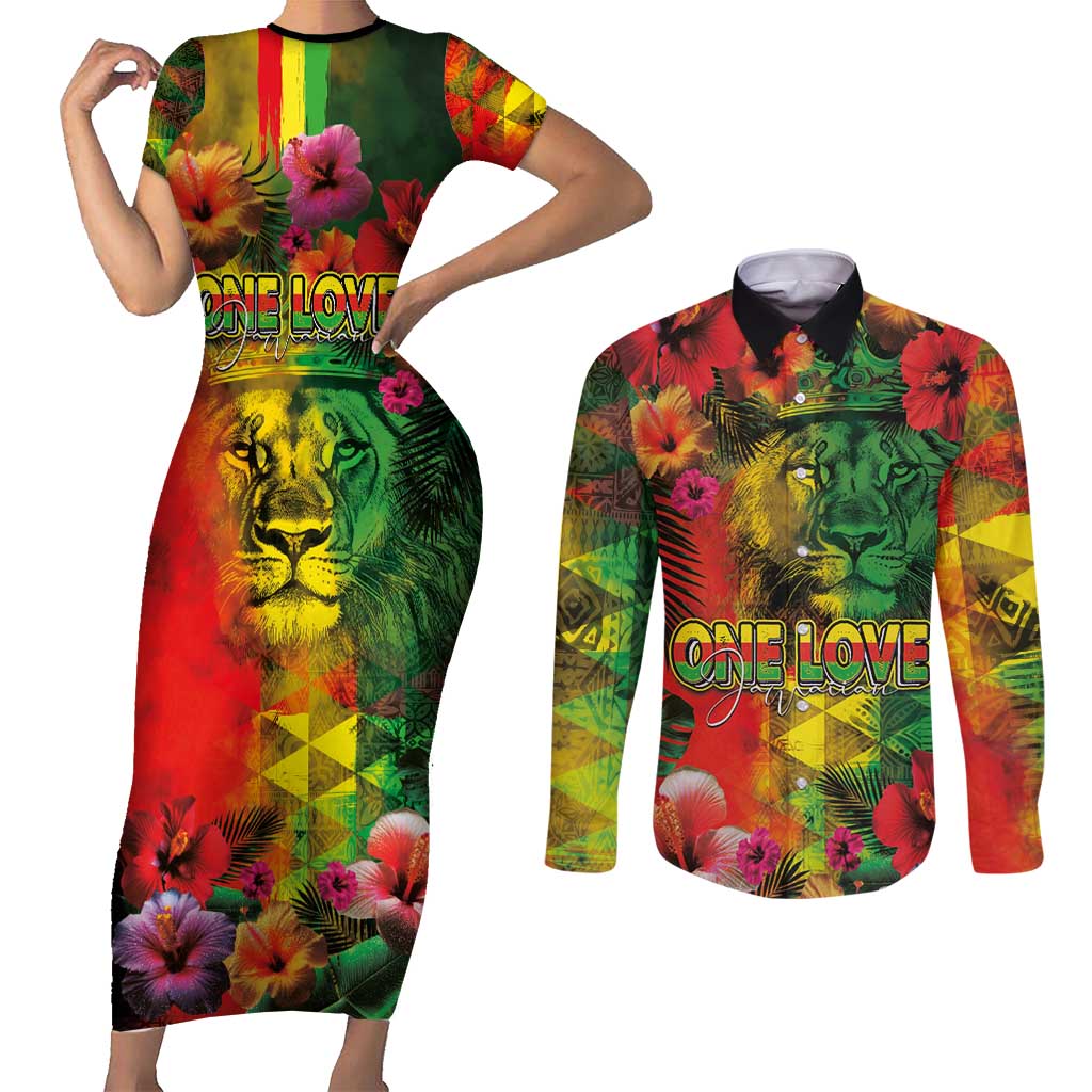 Hawaiian Reggae Couples Matching Short Sleeve Bodycon Dress and Long Sleeve Button Shirt Tropical Plants and Tribal Kakau Tattoo-One Love Jawaiian LT03 Reggae - Polynesian Pride