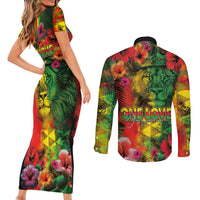 Hawaiian Reggae Couples Matching Short Sleeve Bodycon Dress and Long Sleeve Button Shirt Tropical Plants and Tribal Kakau Tattoo-One Love Jawaiian LT03 - Polynesian Pride