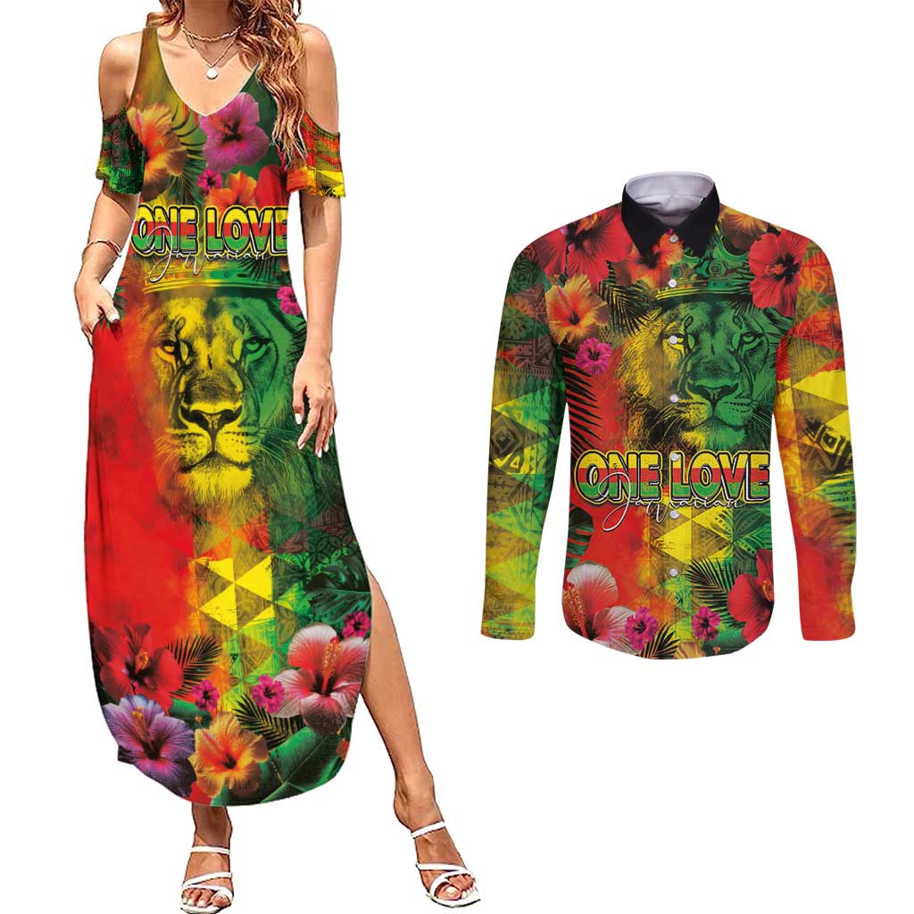 Hawaiian Reggae Couples Matching Summer Maxi Dress and Long Sleeve Button Shirt Tropical Plants and Tribal Kakau Tattoo-One Love Jawaiian LT03 Reggae - Polynesian Pride