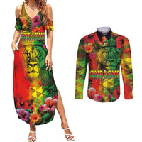 Hawaiian Reggae Couples Matching Summer Maxi Dress and Long Sleeve Button Shirt Tropical Plants and Tribal Kakau Tattoo-One Love Jawaiian LT03 Reggae - Polynesian Pride