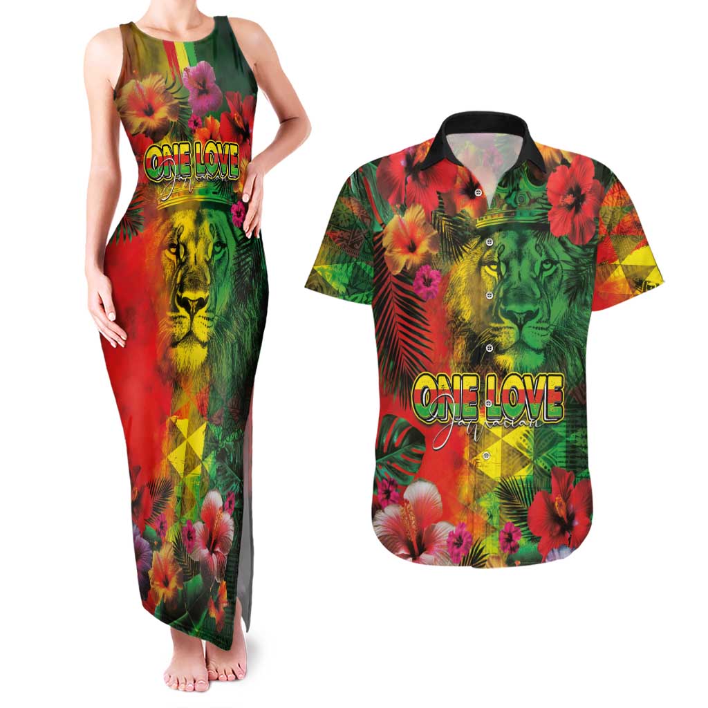 Hawaiian Reggae Couples Matching Tank Maxi Dress and Hawaiian Shirt Tropical Plants and Tribal Kakau Tattoo-One Love Jawaiian LT03 Reggae - Polynesian Pride