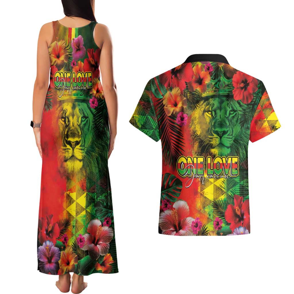 Hawaiian Reggae Couples Matching Tank Maxi Dress and Hawaiian Shirt Tropical Plants and Tribal Kakau Tattoo-One Love Jawaiian LT03 - Polynesian Pride