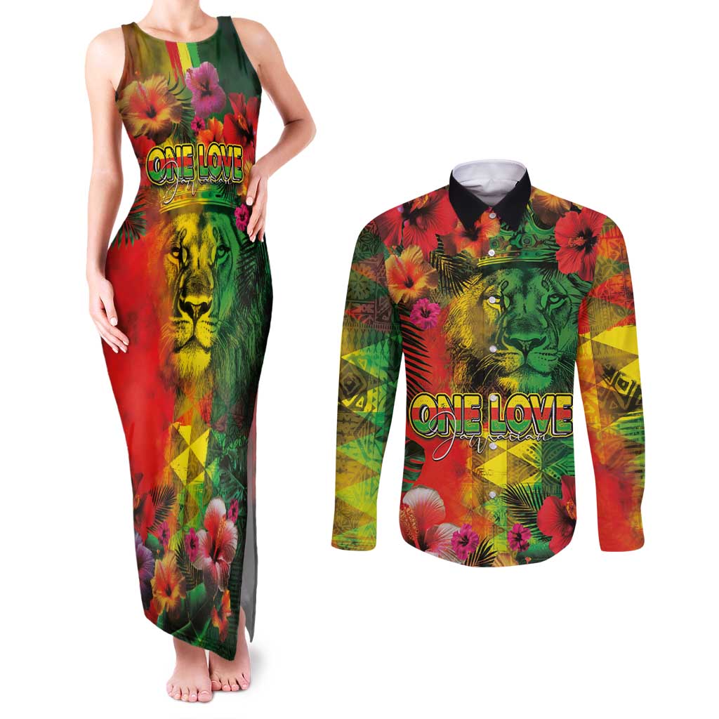 Hawaiian Reggae Couples Matching Tank Maxi Dress and Long Sleeve Button Shirt Tropical Plants and Tribal Kakau Tattoo-One Love Jawaiian LT03 Reggae - Polynesian Pride