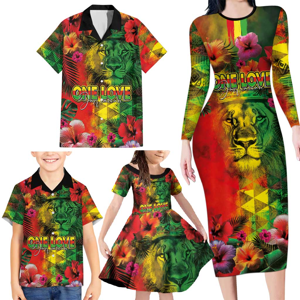 Hawaiian Reggae Family Matching Long Sleeve Bodycon Dress and Hawaiian Shirt Tropical Plants and Tribal Kakau Tattoo-One Love Jawaiian LT03 - Polynesian Pride