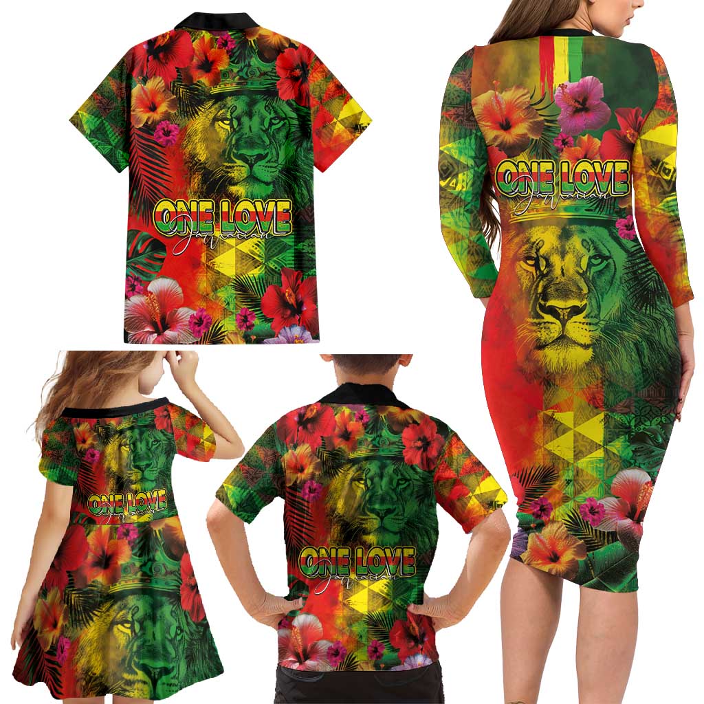Hawaiian Reggae Family Matching Long Sleeve Bodycon Dress and Hawaiian Shirt Tropical Plants and Tribal Kakau Tattoo-One Love Jawaiian LT03 - Polynesian Pride