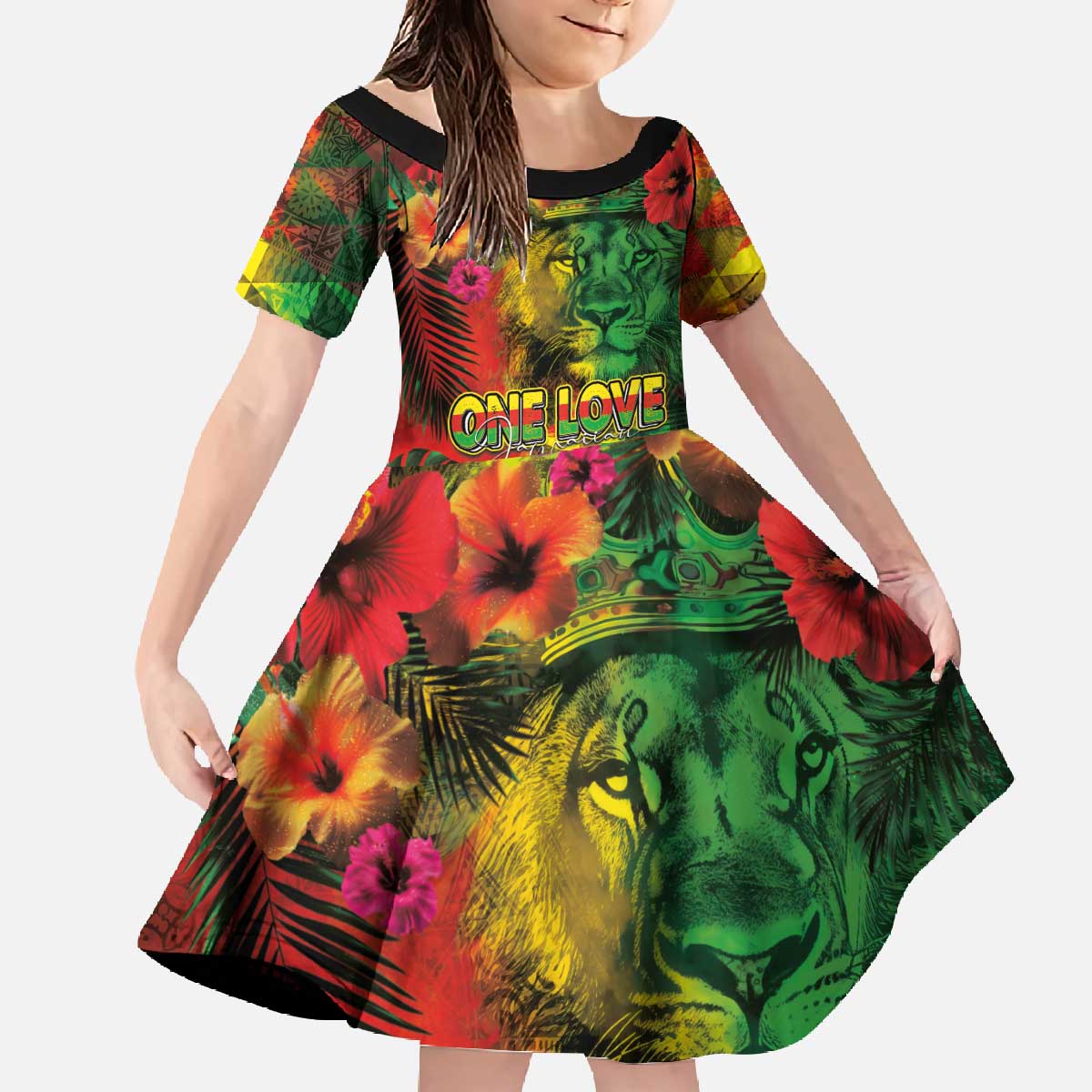Hawaiian Reggae Family Matching Off The Shoulder Long Sleeve Dress and Hawaiian Shirt Tropical Plants and Tribal Kakau Tattoo-One Love Jawaiian LT03 Daughter's Dress Reggae - Polynesian Pride