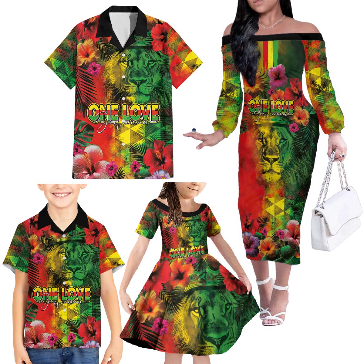Hawaiian Reggae Family Matching Off The Shoulder Long Sleeve Dress and Hawaiian Shirt Tropical Plants and Tribal Kakau Tattoo-One Love Jawaiian LT03 - Polynesian Pride