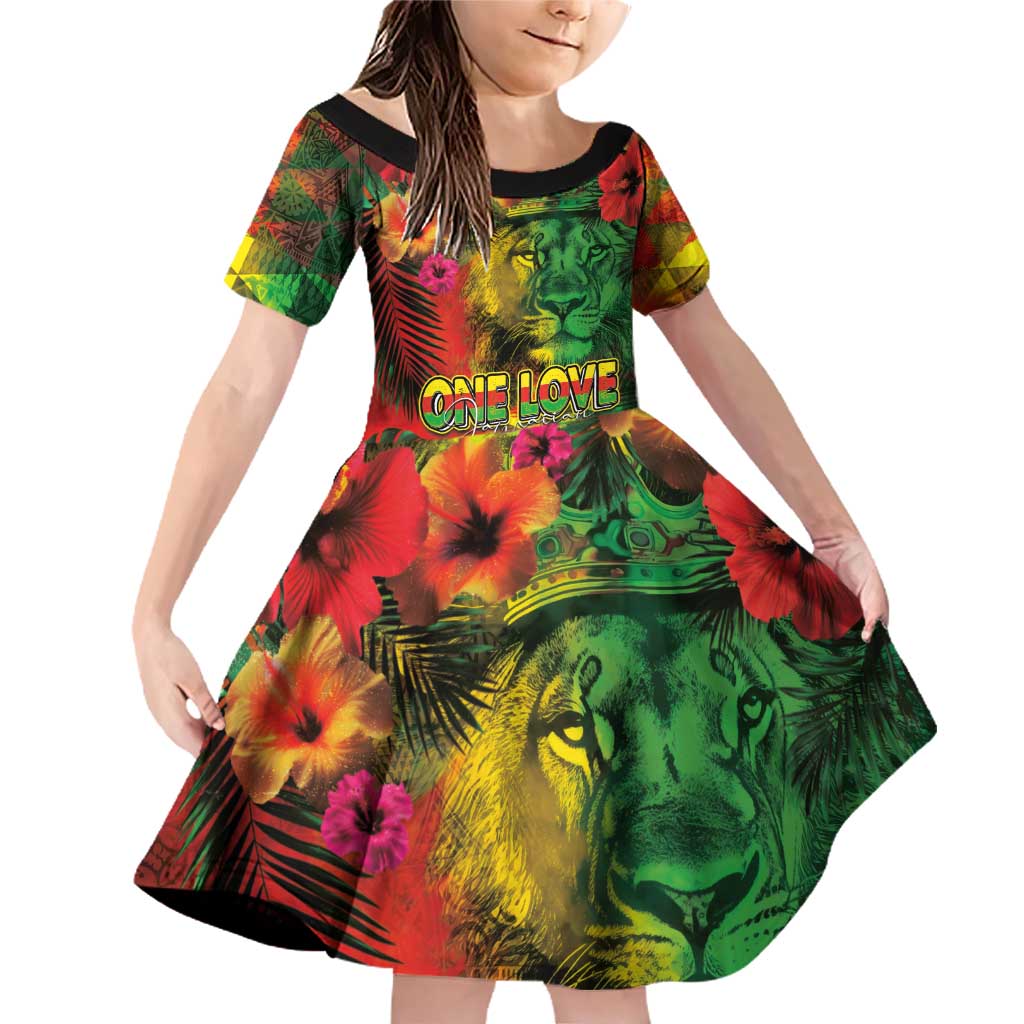 Hawaiian Reggae Family Matching Off Shoulder Short Dress and Hawaiian Shirt Tropical Plants and Tribal Kakau Tattoo-One Love Jawaiian LT03 Daughter's Dress Reggae - Polynesian Pride