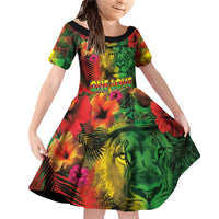 Hawaiian Reggae Family Matching Off Shoulder Short Dress and Hawaiian Shirt Tropical Plants and Tribal Kakau Tattoo-One Love Jawaiian LT03 Daughter's Dress Reggae - Polynesian Pride