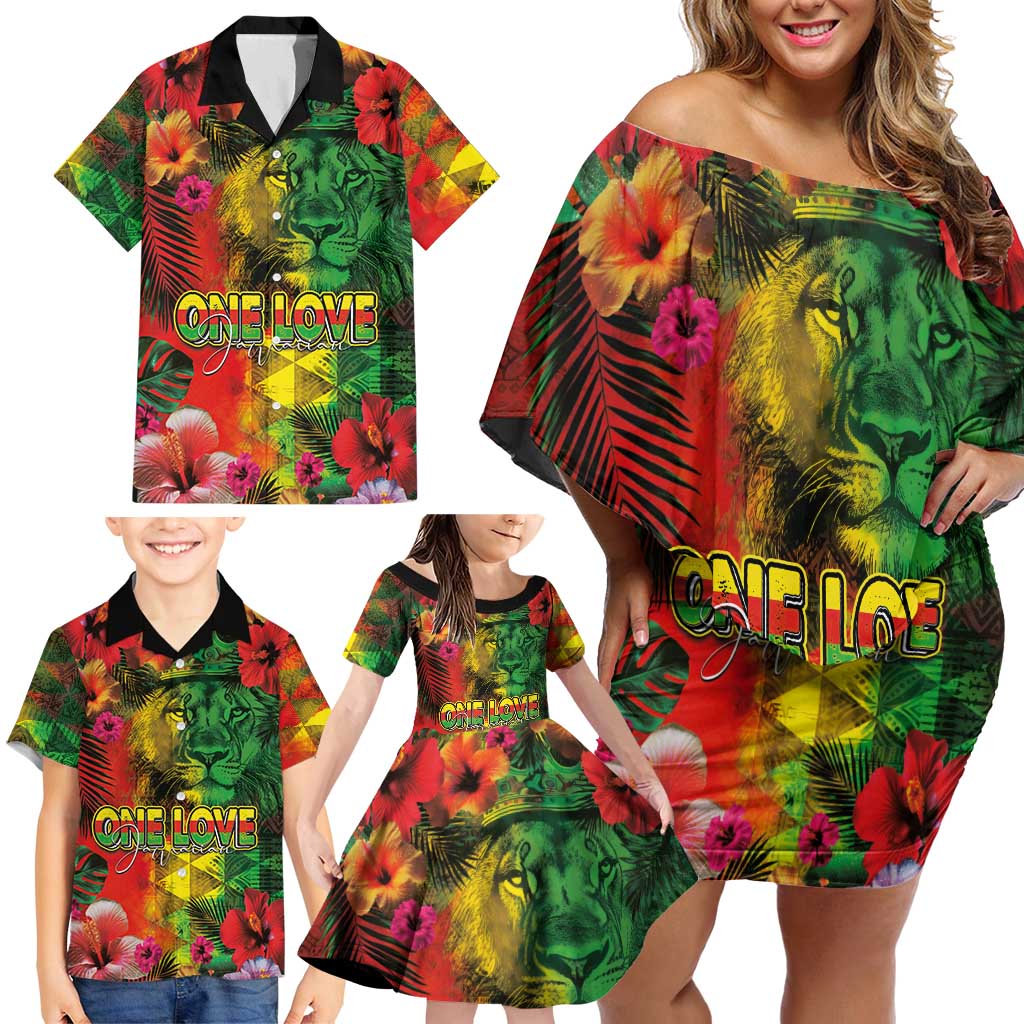 Hawaiian Reggae Family Matching Off Shoulder Short Dress and Hawaiian Shirt Tropical Plants and Tribal Kakau Tattoo-One Love Jawaiian LT03 - Polynesian Pride