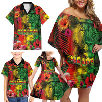 Hawaiian Reggae Family Matching Off Shoulder Short Dress and Hawaiian Shirt Tropical Plants and Tribal Kakau Tattoo-One Love Jawaiian LT03 - Polynesian Pride