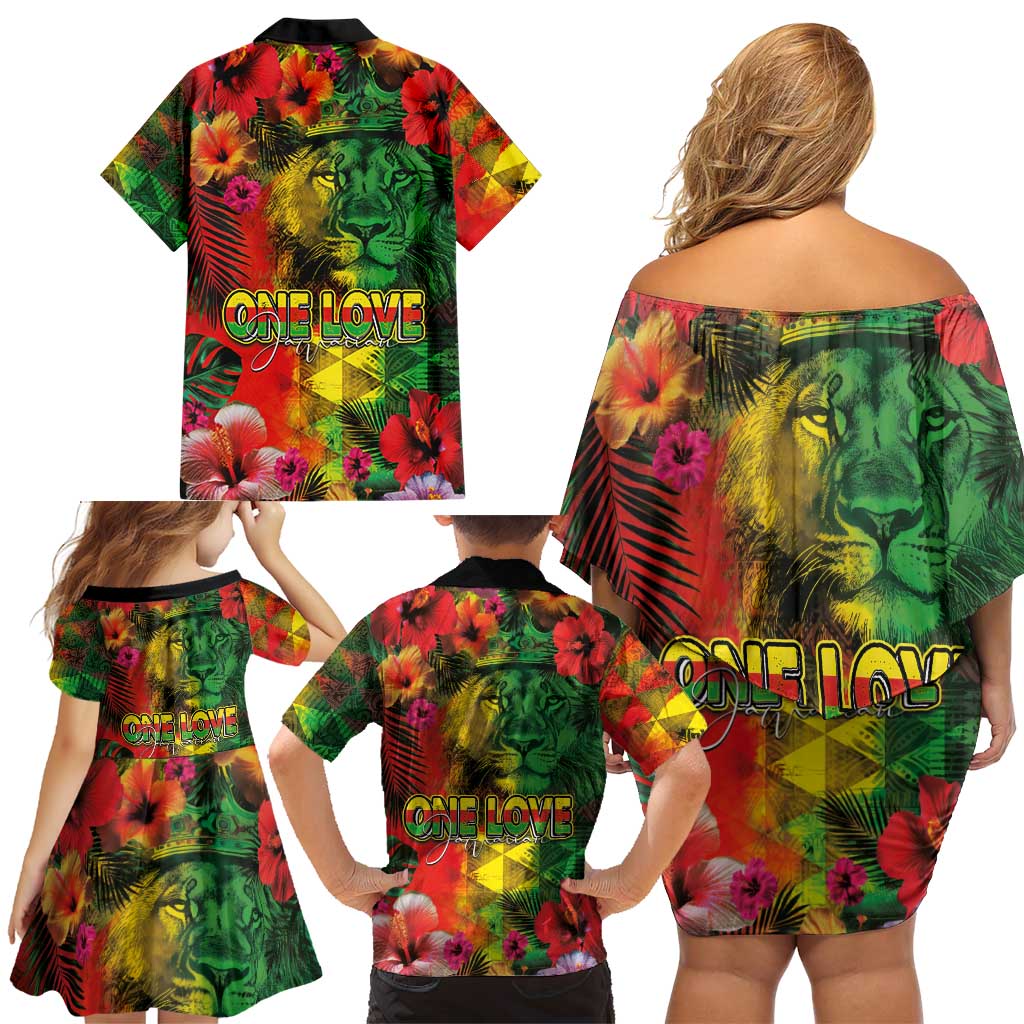 Hawaiian Reggae Family Matching Off Shoulder Short Dress and Hawaiian Shirt Tropical Plants and Tribal Kakau Tattoo-One Love Jawaiian LT03 - Polynesian Pride