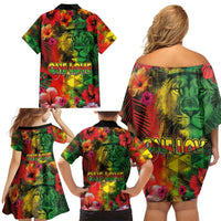 Hawaiian Reggae Family Matching Off Shoulder Short Dress and Hawaiian Shirt Tropical Plants and Tribal Kakau Tattoo-One Love Jawaiian LT03 - Polynesian Pride