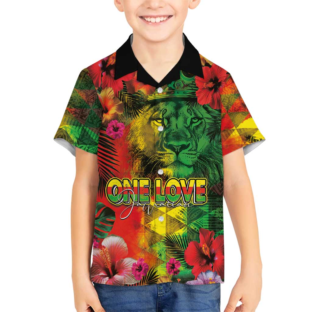 Hawaiian Reggae Family Matching Off Shoulder Short Dress and Hawaiian Shirt Tropical Plants and Tribal Kakau Tattoo-One Love Jawaiian LT03 Son's Shirt Reggae - Polynesian Pride