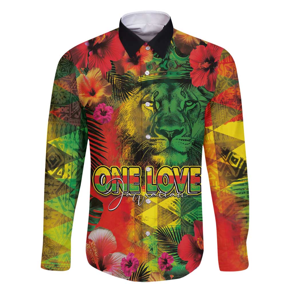Hawaiian Reggae Family Matching Puletasi and Hawaiian Shirt Tropical Plants and Tribal Kakau Tattoo-One Love Jawaiian LT03 Dad's Shirt - Long Sleeve Reggae - Polynesian Pride