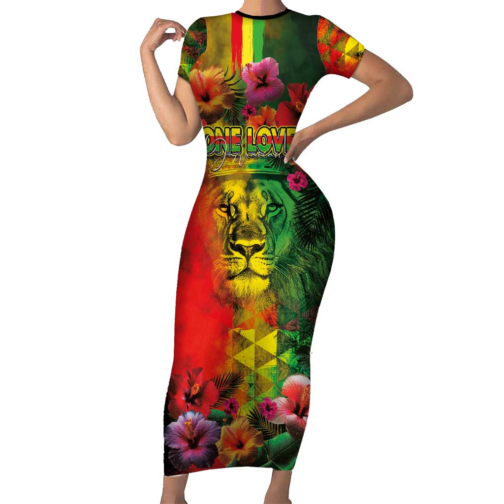 Hawaiian Reggae Family Matching Short Sleeve Bodycon Dress and Hawaiian Shirt Tropical Plants and Tribal Kakau Tattoo-One Love Jawaiian LT03 Mom's Dress Reggae - Polynesian Pride