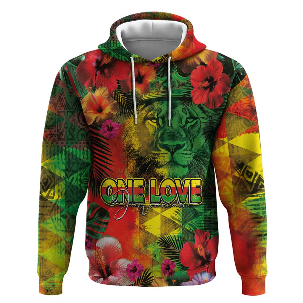 Hawaiian Reggae Hoodie Tropical Plants and Tribal Kakau Tattoo-One Love Jawaiian LT03 Pullover Hoodie Reggae - Polynesian Pride