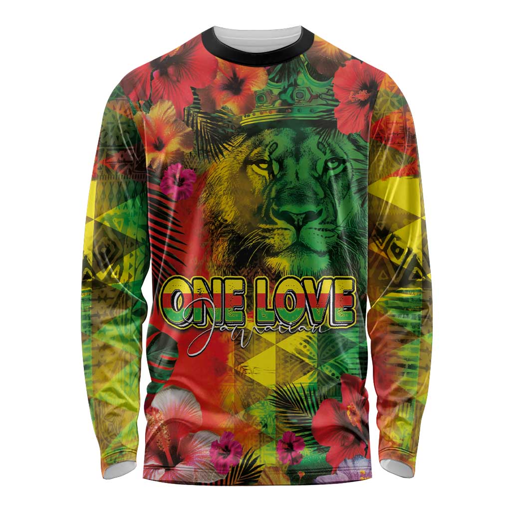Hawaiian Reggae Long Sleeve Shirt Tropical Plants and Tribal Kakau Tattoo-One Love Jawaiian LT03 Unisex Reggae - Polynesian Pride